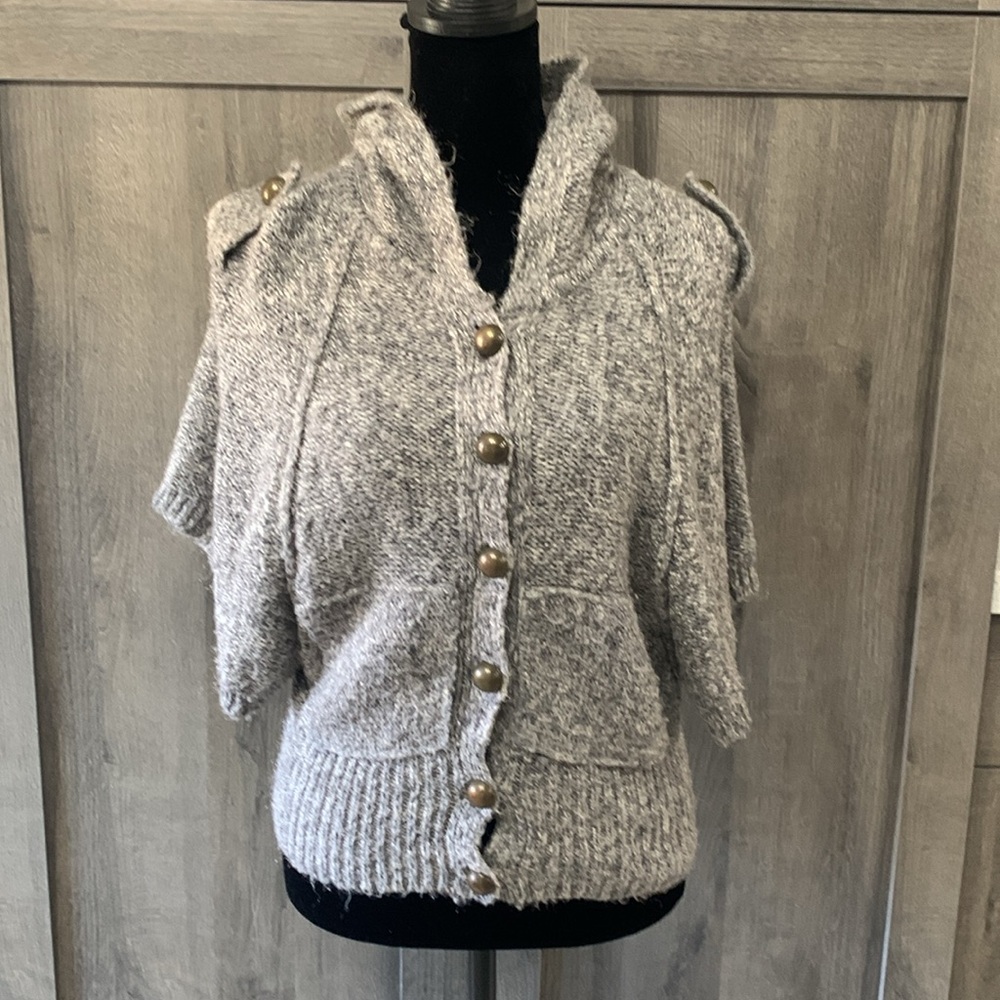 Twenty One Over Sized Capped Sleeves Taupe Hooded Sweater Women's Size S Petite - Picture 2 of 11